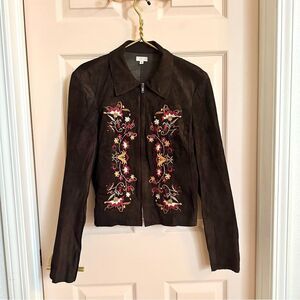 Illia Brown Leather Jacket with Floral Embroidery